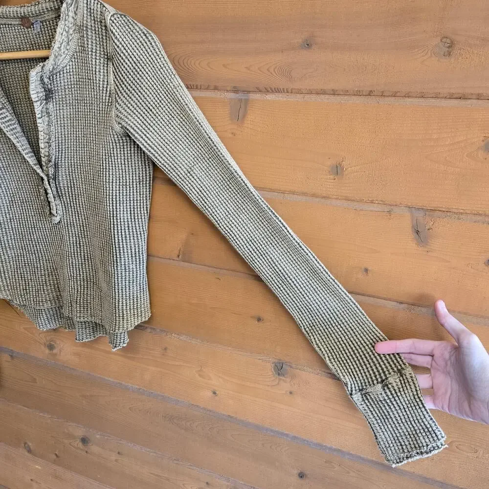 Free People Colt Top Army Green Thermal Henley XS Cuffed Shirt Granola Western - Picture 5 of 7